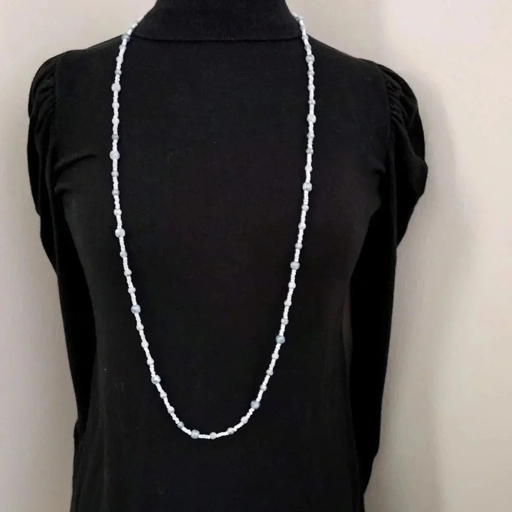 Blue Gray White Glass Beaded long Necklace 23